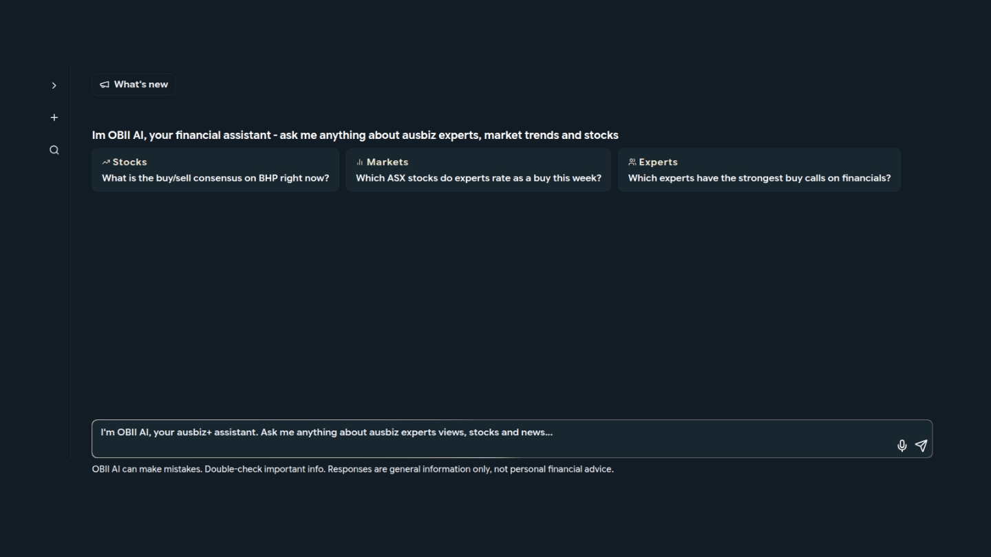 obii assistant with suggested questions about stocks, markets, and experts